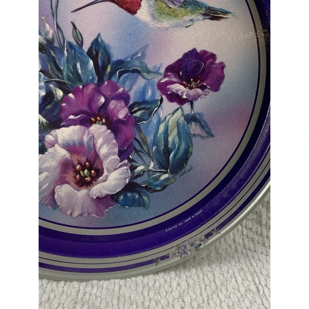 Vintage Hummingbird and Purple‎ Floral Serving Metal Tray Giftco Inc. 13.5